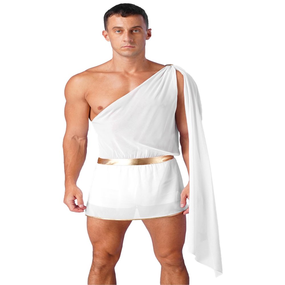 YiZYiF Men's Toga Costume Mythology Ancient Greek Caesar Roman Halloween Party Cosplay Fancy Dress Shorts White Large
