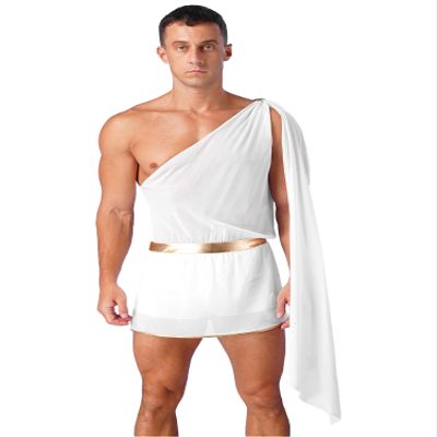 YiZYiF Men's One Shoulder Gold Trim Ancient Roman Greek Toga Shorts Jumpsuit Set Halloween Costume White XX-Large