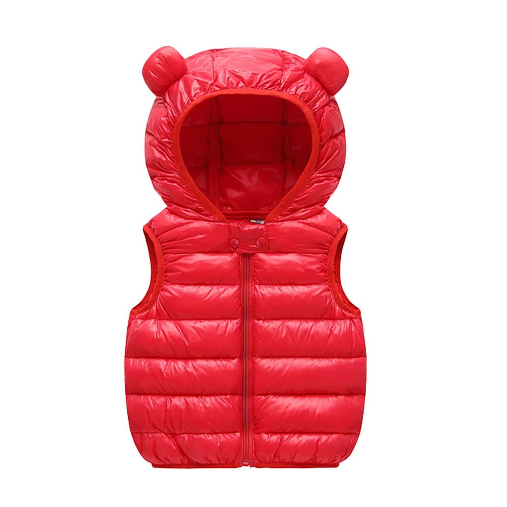 Toddler Baby Winter Sleeveless Vest Coat Solid Zipper Hooded Bear Ears Down Vest Jacket Boys Girls (Red, 6-12 Months)