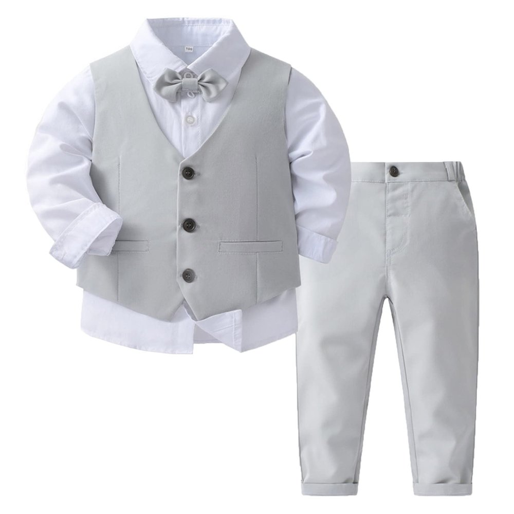 YEAHDOR Toddler Boys 3Piece Formal Dresswear Suit Long Sleeve Dress Shirt +Tuxedo Vest +Pants Baptism Outfits Grey 5-6 Years