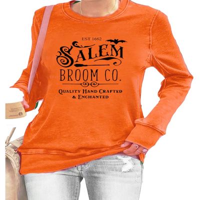 MOGUI Salem Broom Company Shirt Orange Salem Broom Company Hoodie Salem Massachusetts Gifts Womens Halloween Sweatshirt Salem Massachusetts Sweatshirt Women Pullover Orange Sweatshirt