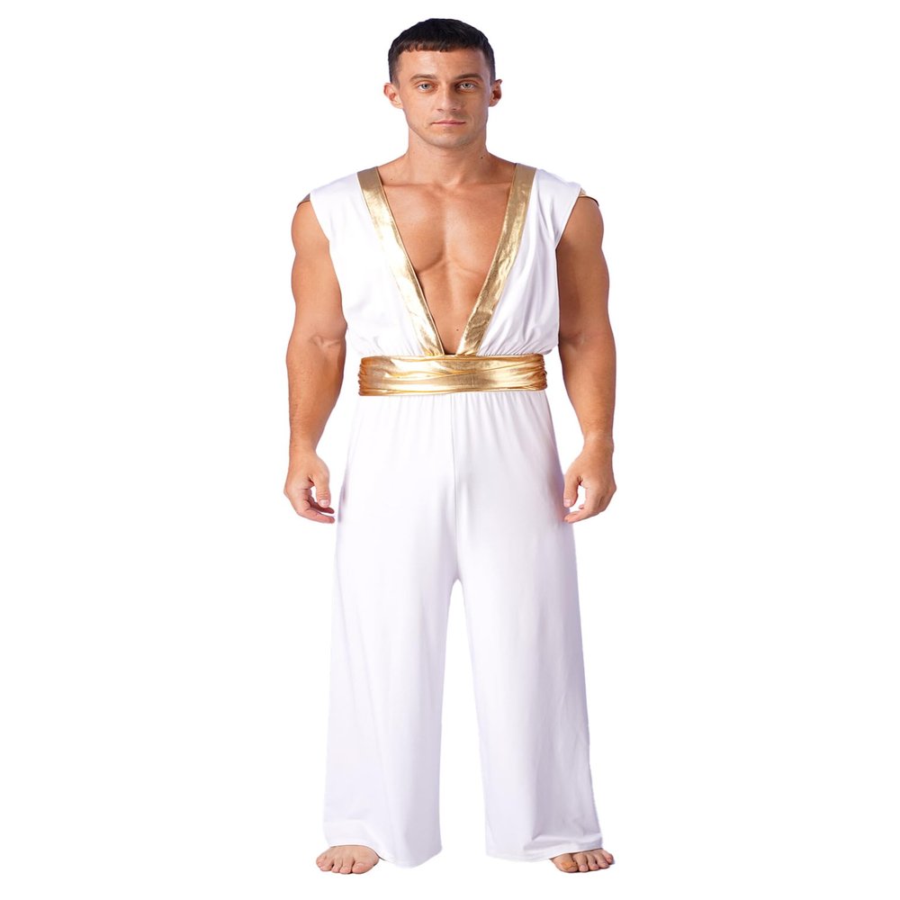 Lejafay Men's One-Shoulder Harness Slit Skirt Jumpsuit Mr. Toga Party Costume Ancient Greek Outfit Jumpsuit White 3X-Large