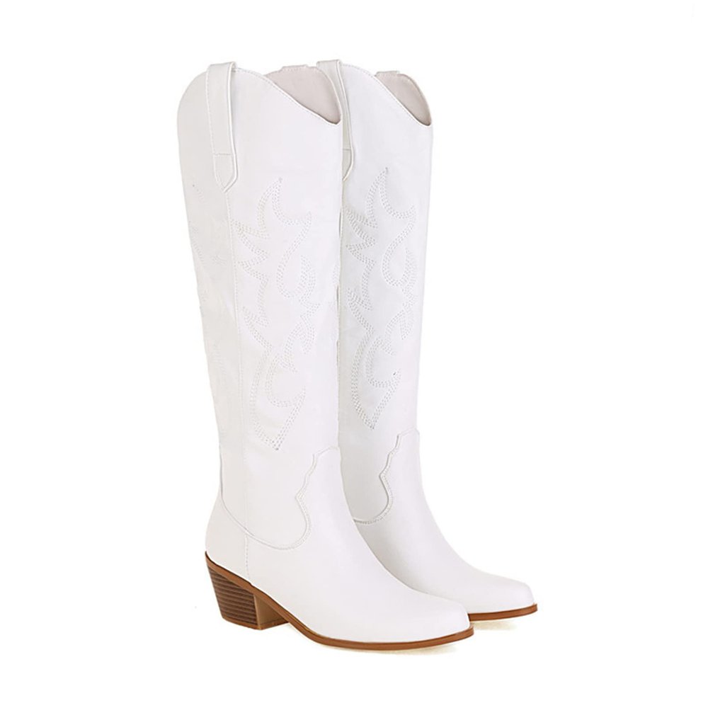 Ladmiple Cowgirl Boots Brown And Pink Women's Cowboy Boots Knee High Seam Mid Heel Block Heel Almond Pointed Toe Fashion Classic Cowgirl Boots Slip-On