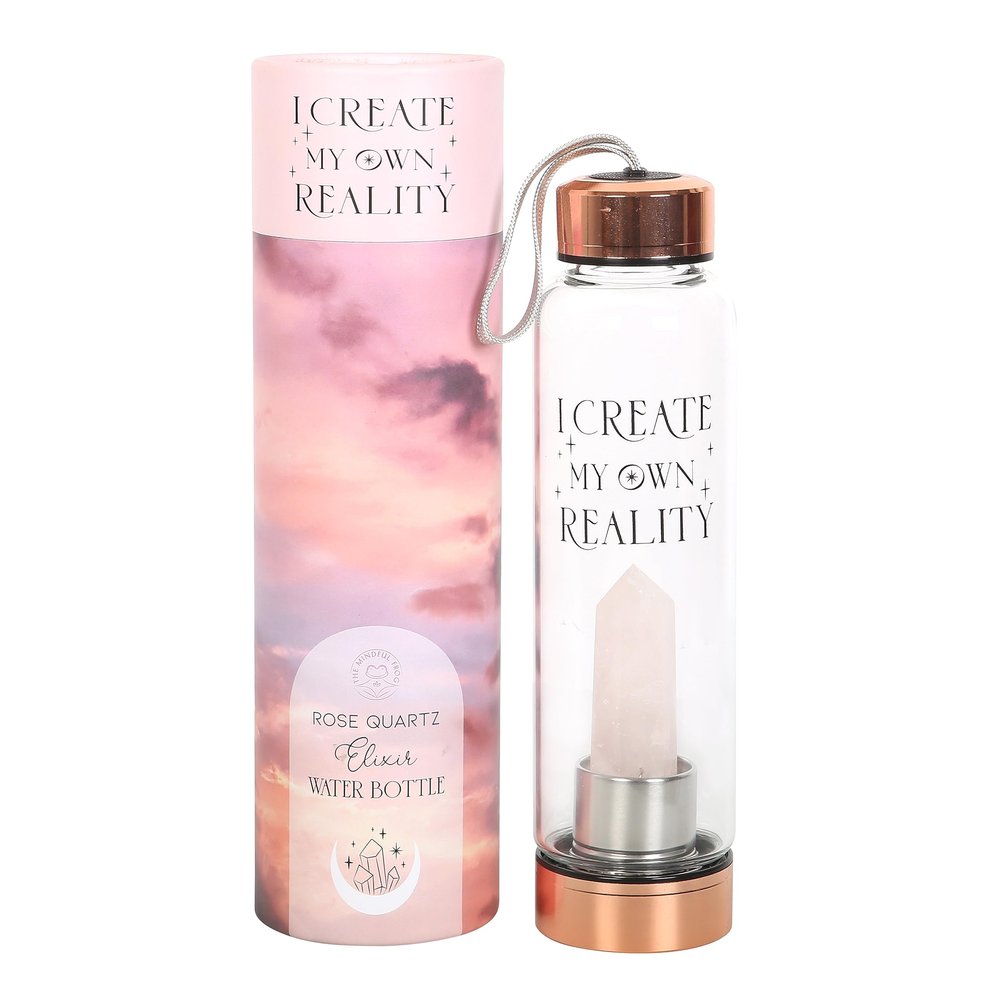 Crystal-Infused Rose Quartz Glass Water Bottle | Health Benefits of Crystals | Trendy 18oz Stainless Steel Base | 'I Create My Own Reality' | Natural Crystal Point | Rubberized Anti-Slip | Food Safe |