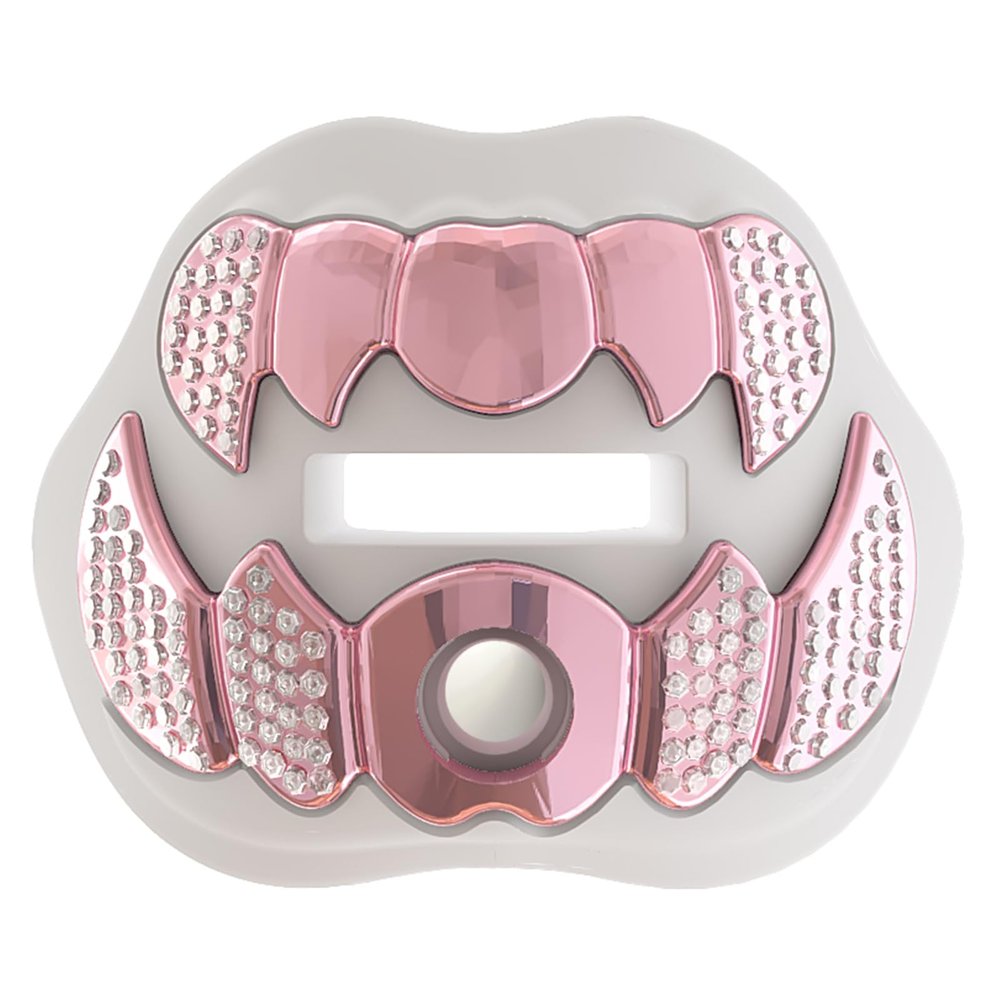 LeCool Football Mouth Guard with Connected Strap- 3D Beast Chrome Adult and Youth Mouth Guard-Mouth Piece for Sports for Maximum Air Flow and Teeth Protection (White-Pink, with Diamonds)