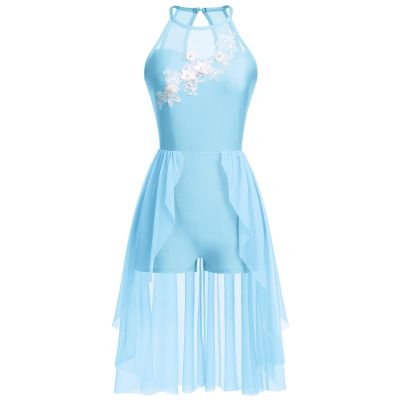 AFAVOM Lyrical Dance Costumes for Women Sequin Lace Flower Lyrical Dance Dress Flowy Mesh Tulle Chiffon Leotard Biketard Skirt Contemporary Dance Costumes Ballet Leotard Dancewear Blue M