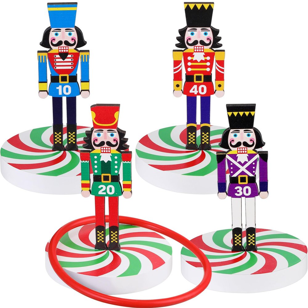 Vicenpal Christmas Ring Toss Game Set, Christmas Party Games for Adults, Family, Xmas Wooden Ring Toss with 4 Rings Candy Cane Snowman Santa Claus Nutcracker Fun Games Gifts(Stylish Style)