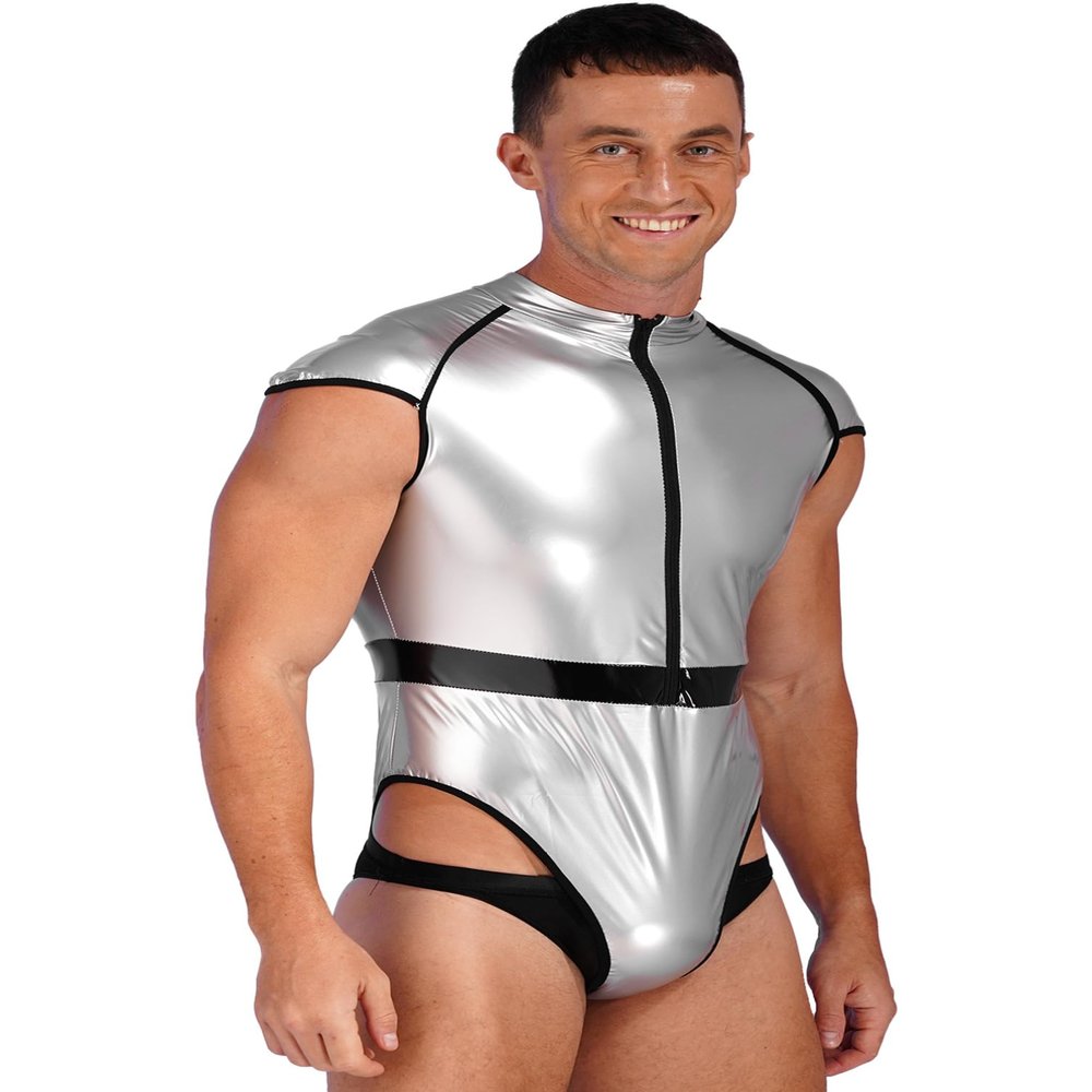 winying Mens Halloween Astronaut Role Play Costume Bodysuit Cap Sleeve High Cut Leather Catsuit Silver X-Large