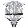 winying Mens Halloween Astronaut Role Play Costume Bodysuit Cap Sleeve High Cut Leather Catsuit Silver X-Large view 3