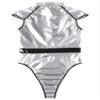 winying Mens Halloween Astronaut Role Play Costume Bodysuit Cap Sleeve High Cut Leather Catsuit Silver X-Large view 4