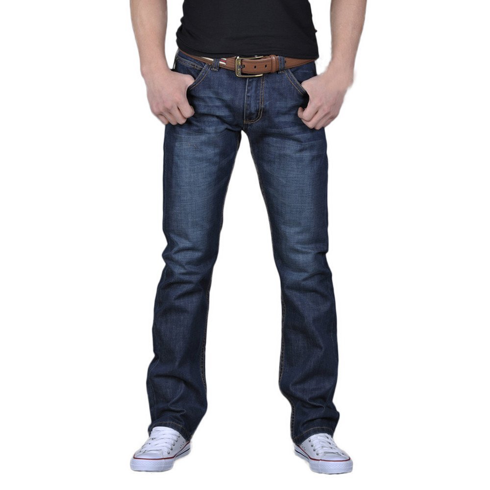 Classic Fit Jeans Mens Comfy Stretch Denim Pants Retro Washed Straight Leg Biker Jeans Trousers Bootcut Work Pants Blue