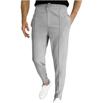 Ctreela Men's Casual Dress Pants Skinny Chino Pants Waffle Tapered Pants Flat Front Slacks Slim-Fit Elastic Waist Trousers Gray