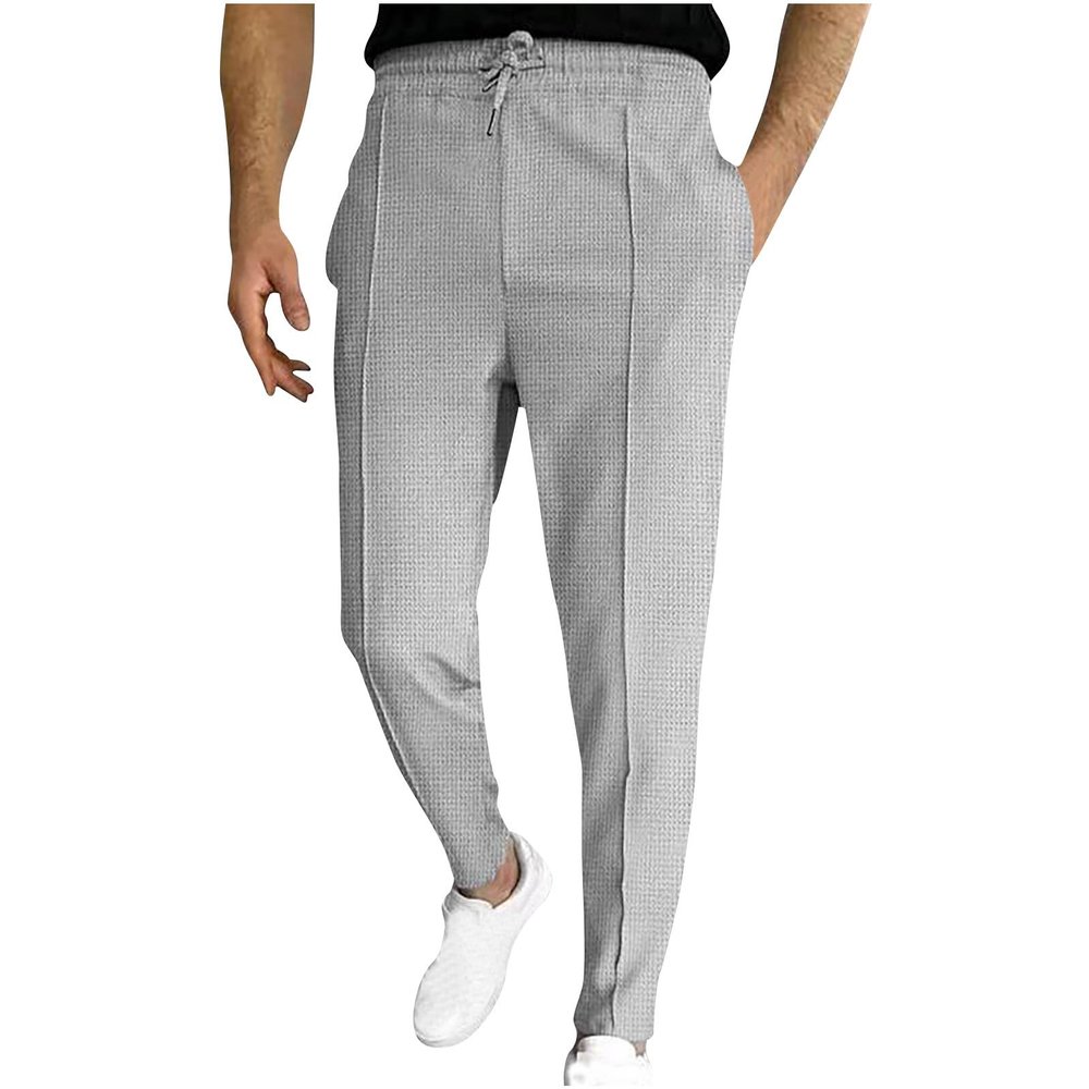 Ctreela Men's Casual Dress Pants Skinny Chino Pants Waffle Tapered Pants Flat Front Slacks Slim-Fit Elastic Waist Trousers Gray