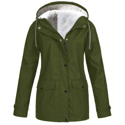 Women's Plus Size Fleece Lined Windbreaker, Teen Girls Rain Jacket Waterproof Lightweight Outdoor Hooded Trench Coats Women's Insulated Shells Veste De Pluie Femme Army Green