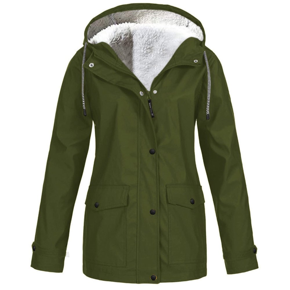 Women's Plus Size Fleece Lined Windbreaker, Teen Girls Rain Jacket Waterproof Lightweight Outdoor Hooded Trench Coats Women's Insulated Shells Veste De Pluie Femme Army Green