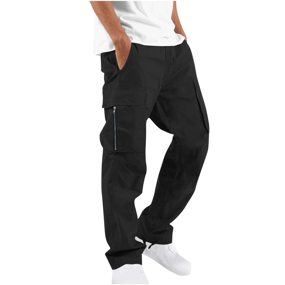 Mens Loose Elastic Waist Cargo Pants Outdoor Hiking Workwear Pull-On Pants Multiple Pockets Straight Leg Trousers Black
