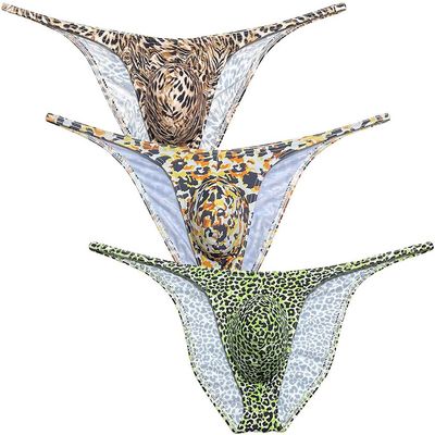 Botmois Men's Leopard Hight Cut Bikini Briefs Leopard Underwear Male Bulge Pouch Ruched Hip Underpants Tiny Waist Swimsuit 3-Pack(Stripe Leopard,Orange Leopard,Green Leopard) M