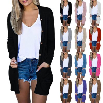 Fall Cardigans for Women Open Front Button Down Knit Cardigan Solid Shrug Sweater Lightweight Cozy Coat with Pockets Black