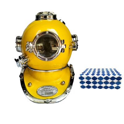 Yellow Divers Helmet U.S Navy Mark V Vintage Full Size 18 Inch Vintage Replica Marine Helmet, Scuba Diving Gift Nautical Decor Maritime & Combo Jewelry Storage Box 7" inches