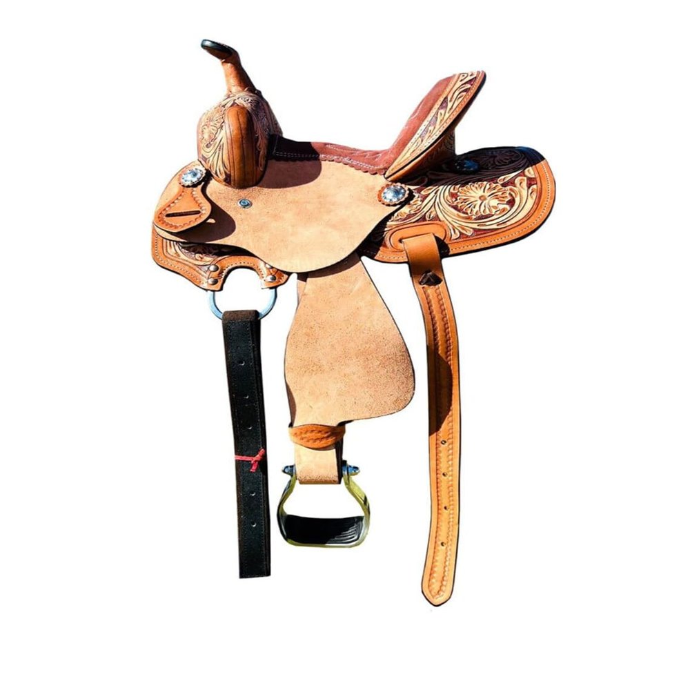 8" 10" 12" 13" Western Kids Horse Barrel Saddle for Horse Riding, Floral Tooled Saddle with Silver Conchos Black Pink Turquoise (10" Seat, Brown 01)