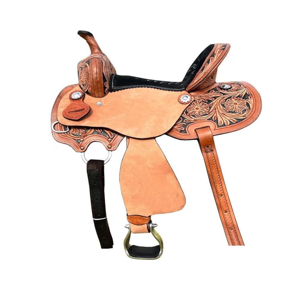 8" 10" 12" 13" Western Kids Horse Barrel Saddle for Horse Riding, Floral Tooled Saddle with Silver Conchos Black Pink Turquoise (12" Seat, Black 01)