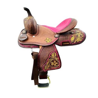 8" 10" 12" 13" Western Kids Horse Barrel Saddle for Horse Riding, Floral Tooled Saddle with Silver Conchos Black Pink Turquoise (10" Seat, Pink 02)