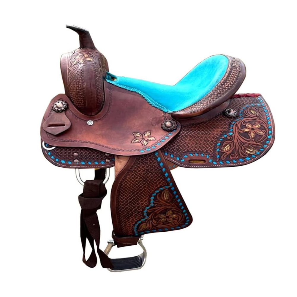 8" 10" 12" 13" Western Kids Horse Barrel Saddle for Horse Riding, Floral Tooled Saddle with Silver Conchos Black Pink Turquoise (13" Seat, Turquoise 01)