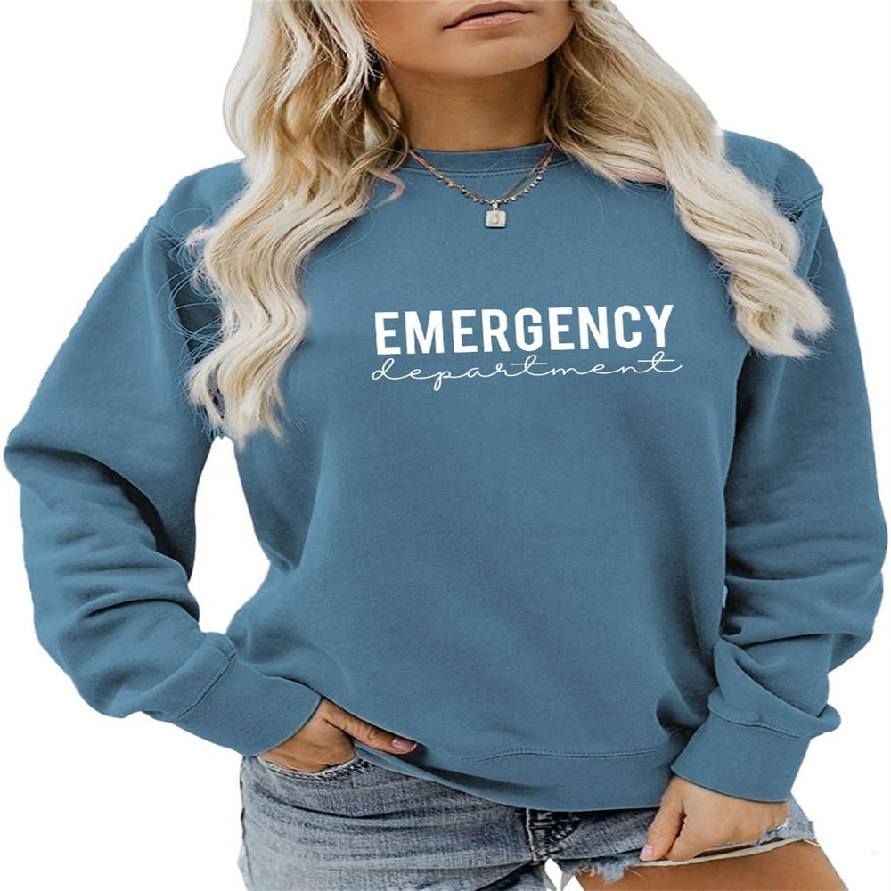 ESIKAH Emergency Department Sweatshirt Women ER Nurse Shirt Retro Graphic Nurse Sweater Crewneck Long Sleeve Pullvoer Tops Blue