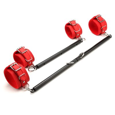 2pcs Black Portable Restore Spreader Bar with 4pcs Fur Red Adjustable Straps, Exercise Guide Pilates Sports Aid Training Fitness Gear, Home Yoga Gym Kit with Fur Flocking Storage Bag