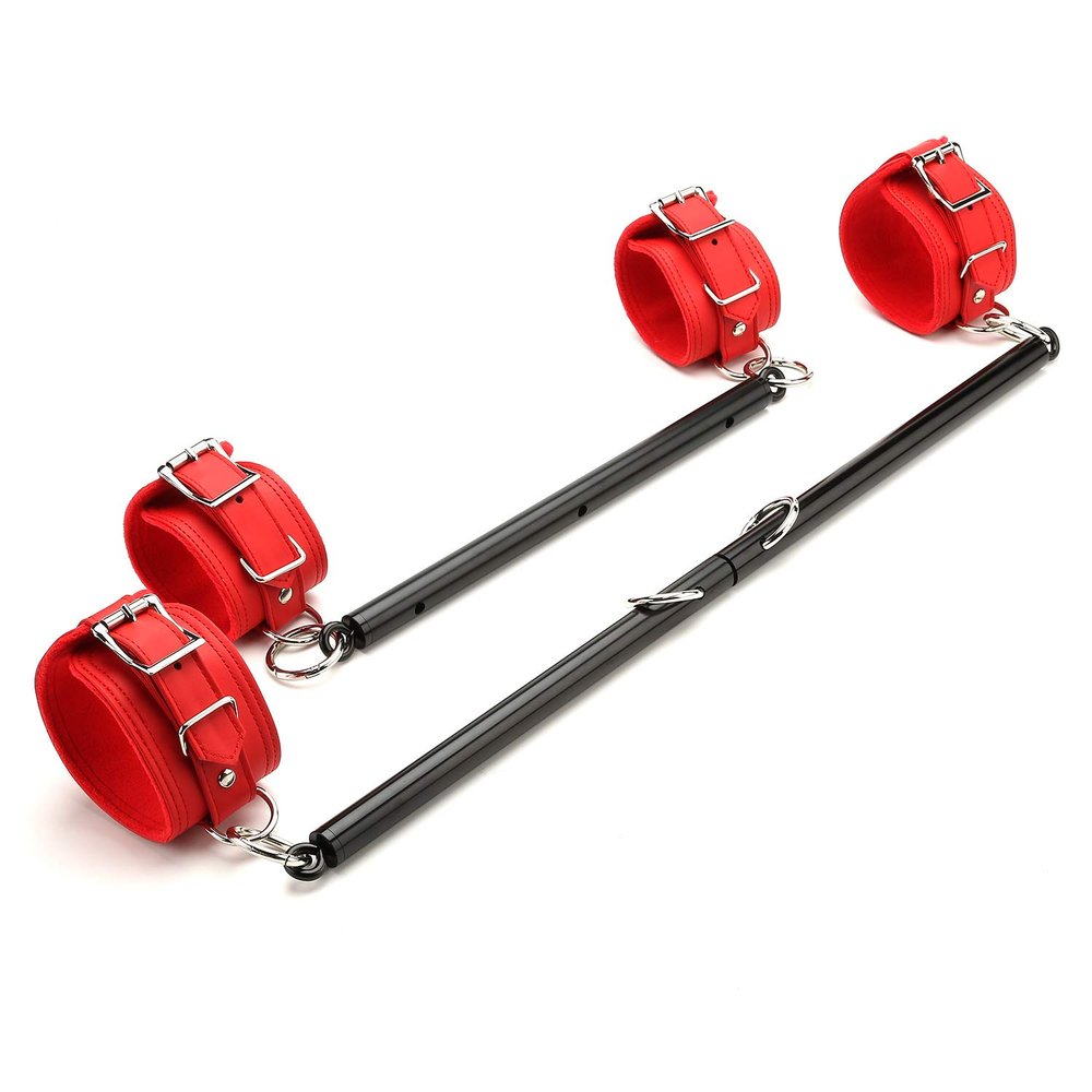 2pcs Black Portable Restore Spreader Bar with 4pcs Fur Red Adjustable Straps, Exercise Guide Pilates Sports Aid Training Fitness Gear, Home Yoga Gym Kit with Fur Flocking Storage Bag