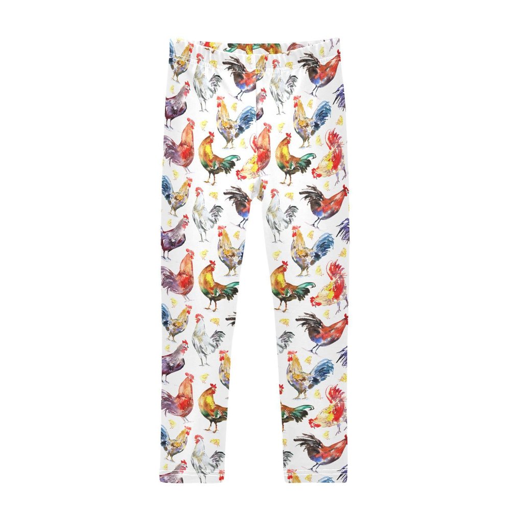 Aflyko Girls' Leggings Rooster Hen Chicken Watercolor Kids Workout Pants Dance Tights 4-10T