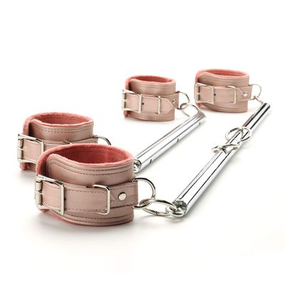 2pcs Silver Portable Restore Spreader Bar with 4pcs Fur Pink Adjustable Straps, Exercise Guide Pilates Sports Aid Training Fitness Gear, Home Yoga Gym Kit with Fur Flocking Storage Bag