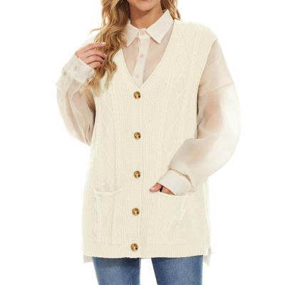 Hyipels Women's Sweater Vest,Sleevelsee Cardigan Button Cable Loose Long V Neck Pockets Knit Outwear Top S~XL