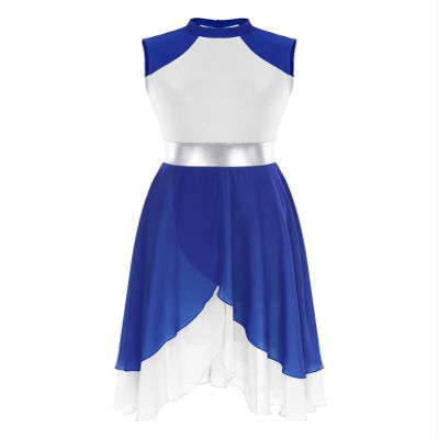 JanJean Lyrical Dance Dress for Women Color Block Chiffon Patchwork Performance Costume Praise Dress Tunic Royal Small