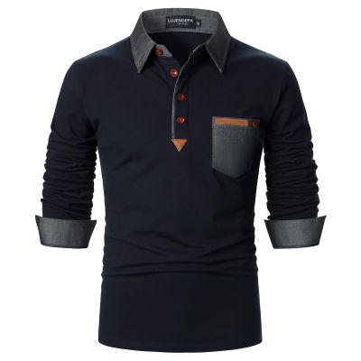LUJENGEFA Long Sleeve Polo Shirts for Men Stylish Patchwork Contrasting Color Golf Polos Cotton Polo Shirt Tops with Pocket Navy Blue M