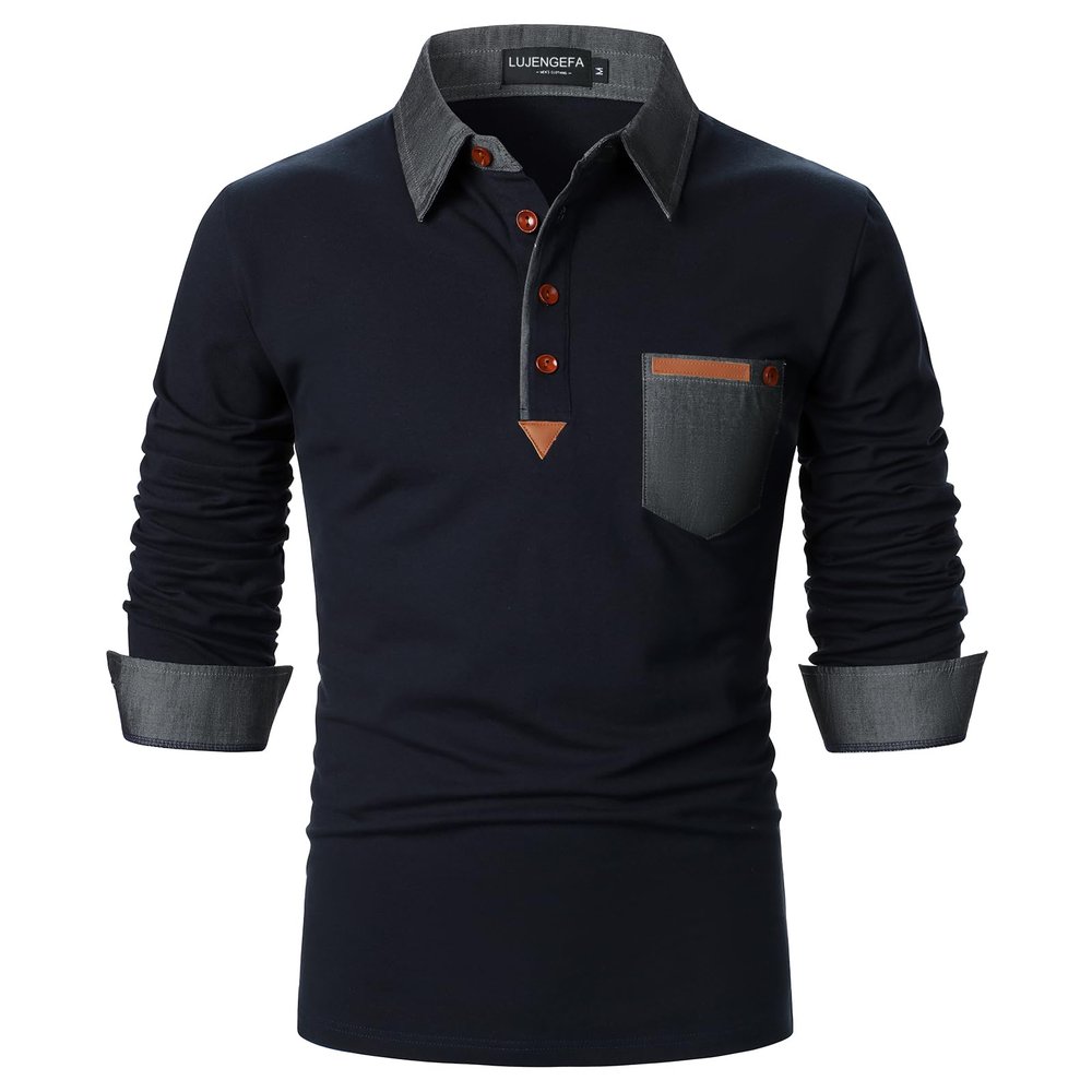 LUJENGEFA Long Sleeve Polo Shirts for Men Stylish Patchwork Contrasting Color Golf Polos Cotton Polo Shirt Tops with Pocket Navy Blue M