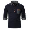 LUJENGEFA Long Sleeve Polo Shirts for Men Stylish Patchwork Contrasting Color Golf Polos Cotton Polo Shirt Tops with Pocket Navy Blue M view 1