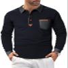 LUJENGEFA Long Sleeve Polo Shirts for Men Stylish Patchwork Contrasting Color Golf Polos Cotton Polo Shirt Tops with Pocket Navy Blue M view 2