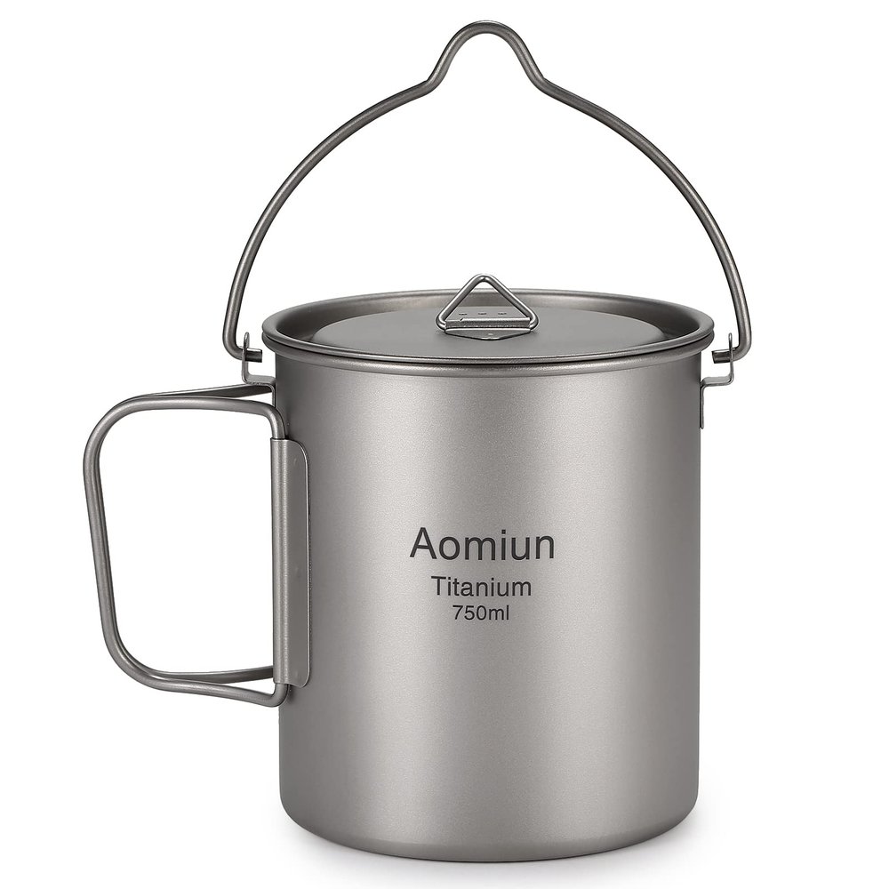 HUIOP Titanium Pot, 750ml, Silver, 4.5oz, Foldable Handle, Lid, Storage Sack, Camping, Hiking, Backpacking, Picnic