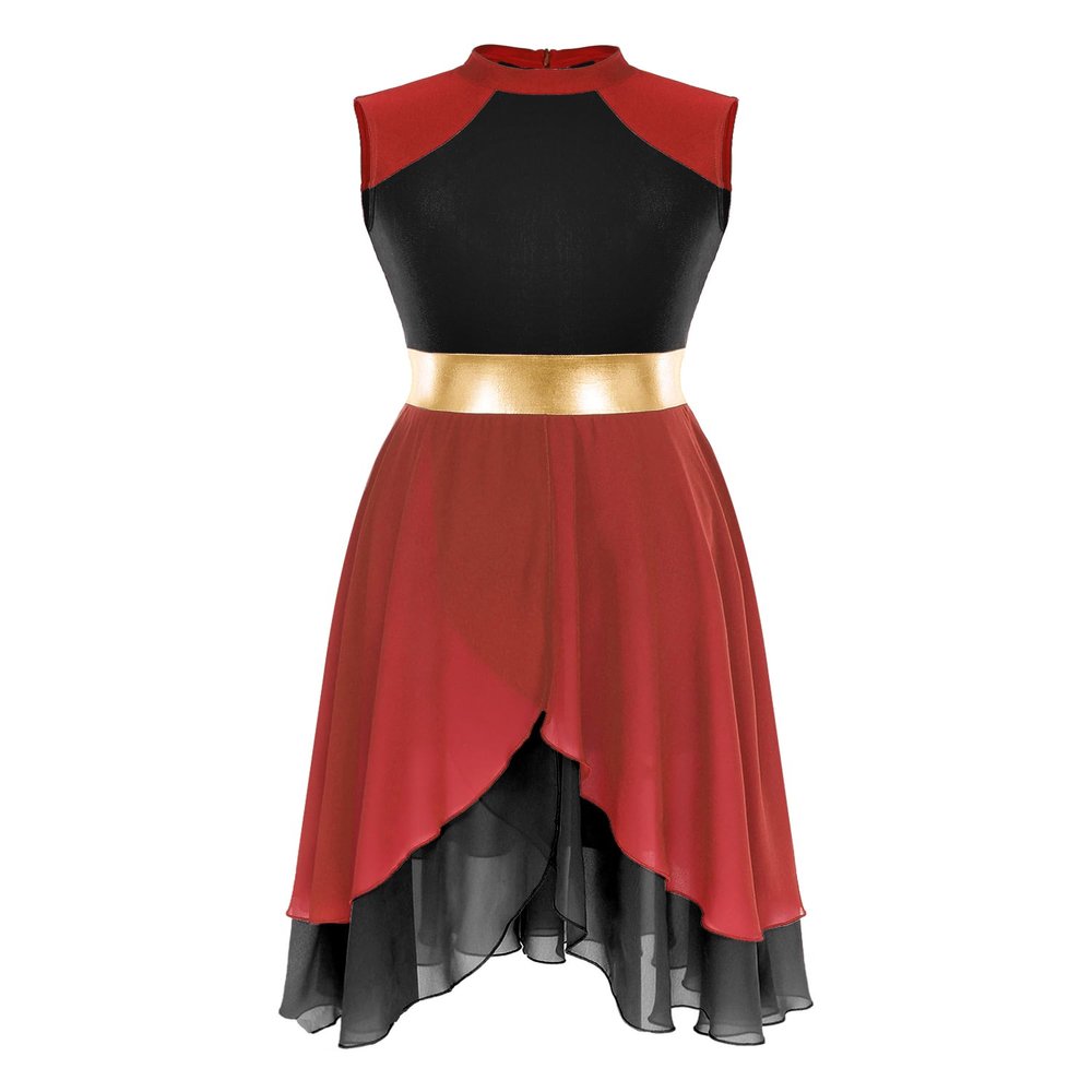YOOJOO Women Praise Dance Dress Color Block Sleeveless Asymmetrical Hem Leotard Lyrical Contemporary Dress Dancewear Red&Black Large