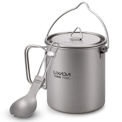 HUIOP Titanium Pot, Lightweight Titanium 750ml Pot with Folding Spork for Outdoor Camping Hiking Backpacking Picnic
