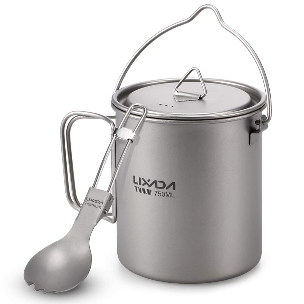 HUIOP Titanium Pot, Lightweight Titanium 750ml Pot with Folding Spork for Outdoor Camping Hiking Backpacking Picnic