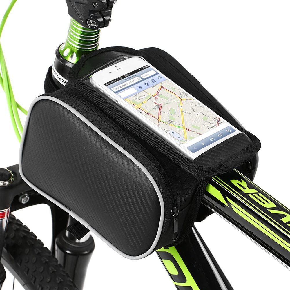 HUIOP Bike Top Tube Bag, Bicycle Front Frame Touchscreen Phone Bag Mountain Bike Cycling Top Tube Double Pouch Pannier Bag for 5.5 Inch Cell Phone
