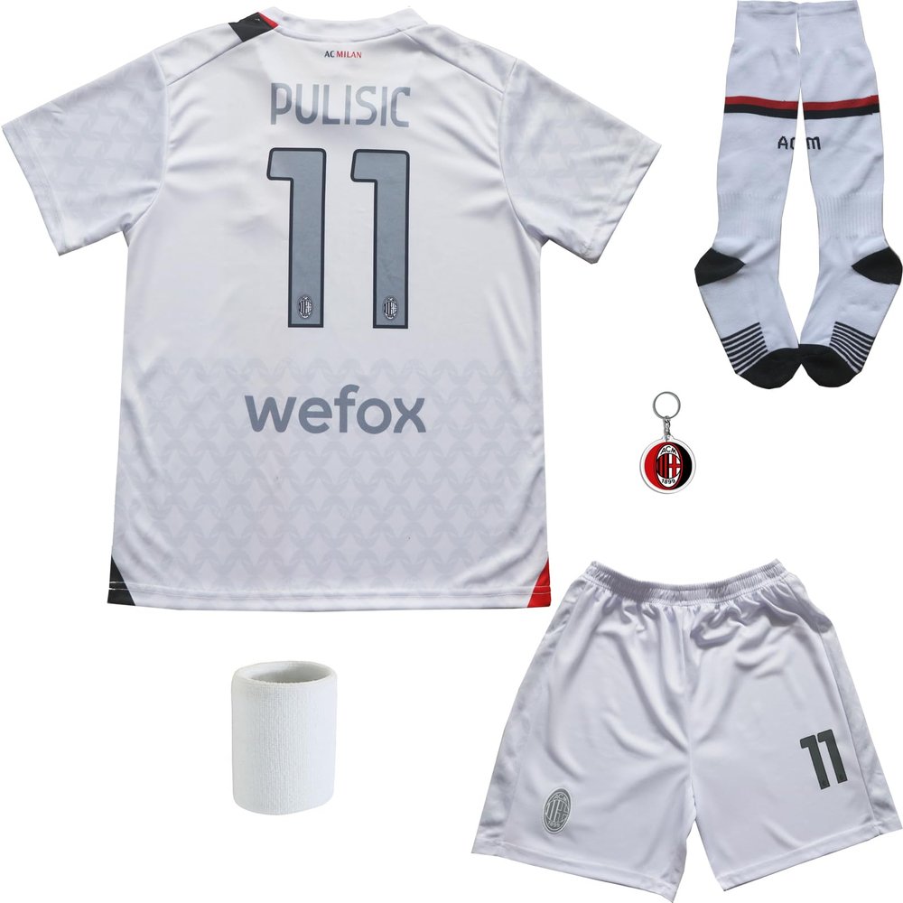 BIRDBOX Youth Sportswear Milan Christian Pulisic 11 Kids Away White Soccer Jersey/Shorts Bag Keychain Football Socks Set (White, 24)