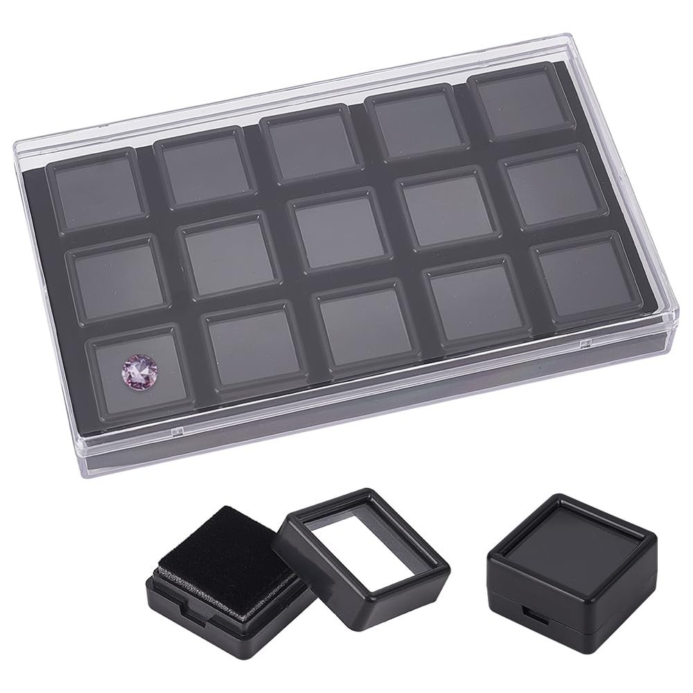 BENECREAT 15 Pack Gemstone Display Box Black Acrylic Diamond Display Case Jewelry Box with Clear Glass Window for Treat, Gems, Diamond, Gift Packing, 1.1x0.7inch