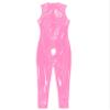 easyforever Women Sexy Hollow Out Bodysuit Lingerie Clubwear Patent Leather Invisible Zipper Latex Catsuit Pink Large view 4