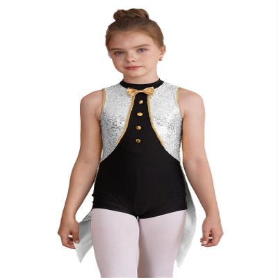 JEATHA Kids Girls Sparkly Sequins Latin Jazz Dance Leotard Gymnastics One Piece Tuxedo Bow Tie Romper White 6 Years