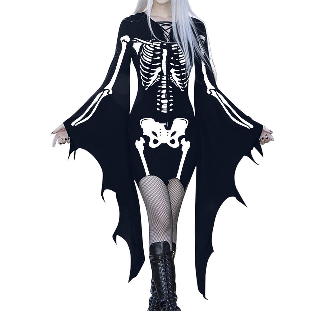 GOKKILRW Halloween Gothic Dress for Women Plus Size Bodycon Bandage Black Dresses Lace Up V Neck Batwing Sleeve Sexy Witch Cosplay Dress