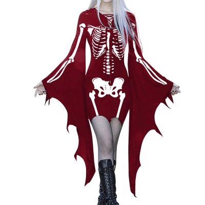 GOKKILRW Halloween Gothic Dress for Women Plus Size Bodycon Bandage Black Dresses Lace Up V Neck Batwing Sleeve Sexy Witch Cosplay Dress