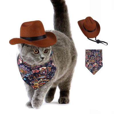 aoozleny Pet Cowboy Hat and Bandana Scarf - Western Cowboy Costume Accessories for Dogs and Cats, Set of 2 (M)